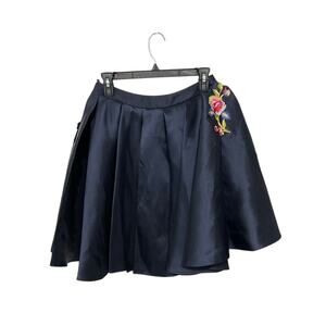 Dave & Johnny Blue Taffeta Flared Mini Skirt Floral Embroidered Sz Small Formal